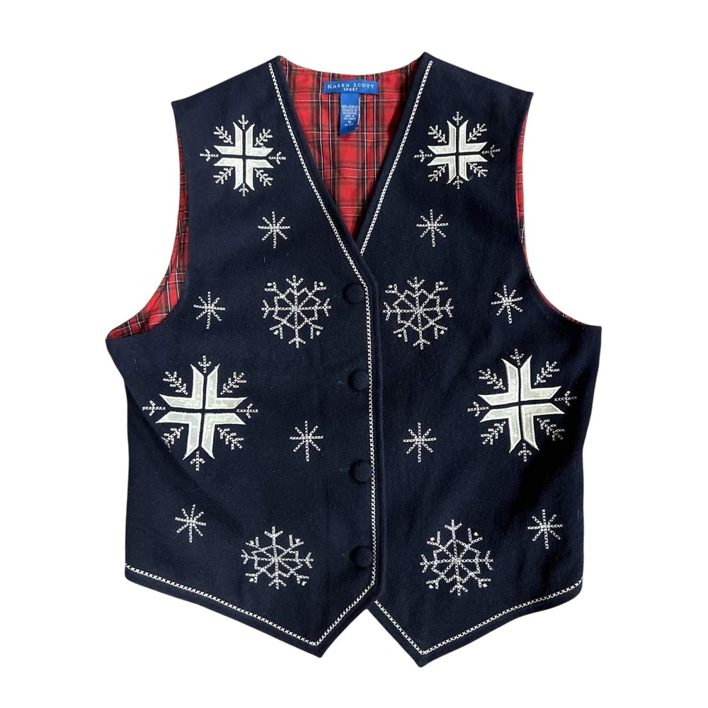 Women's Karen Scott Sport Christmas Winter Grandma Snowflake‎ Embroidered Vest M